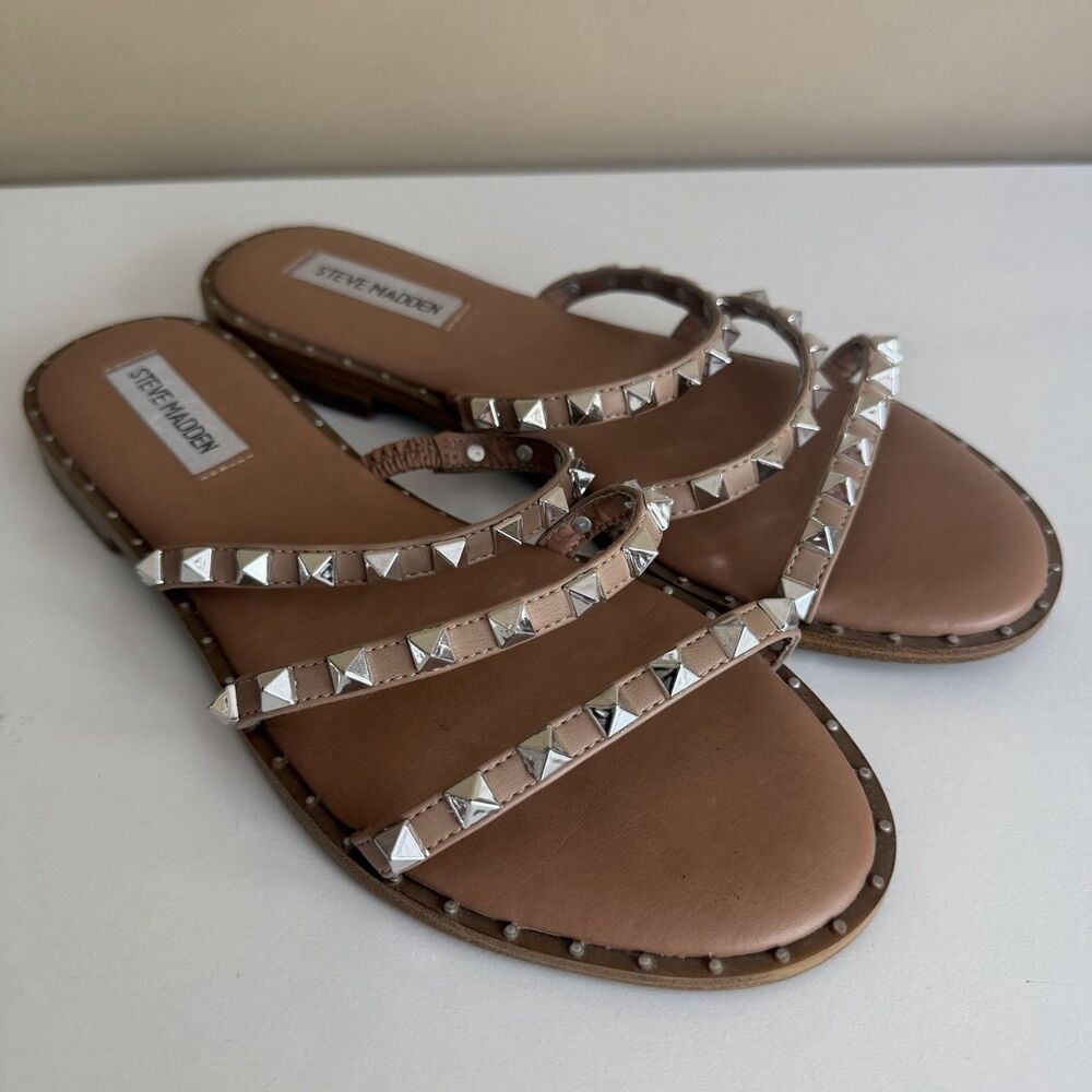 Steve Madden Three Band Skyler Slip On Studded Sandals Flats Women’s 8 Tan